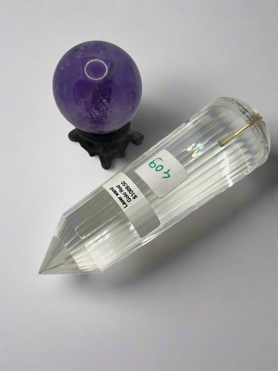 409g Pranic Healing Laser Crystal with Gold Rod - 36 Facets